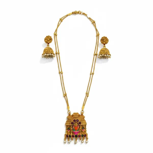 Gold_Brass_Temple_Gopuram_Lakshmi_Long_Necklace_Set_For_Women