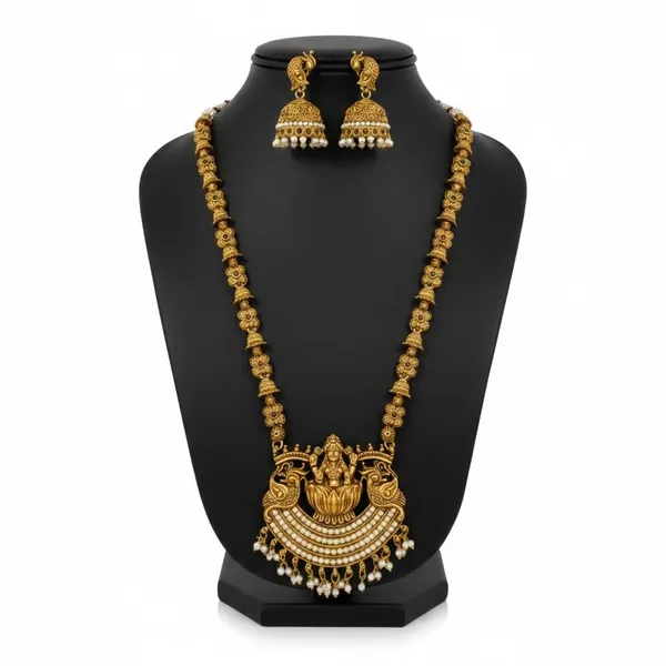 Gold_Brass_Lakshmi_Temple_Haram_Long_Necklace_Set_For_Women