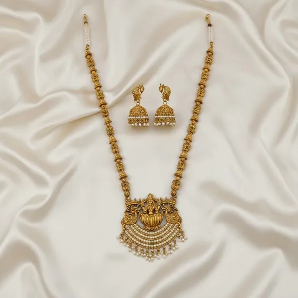 Gold_Brass_Lakshmi_Temple_Haram_Long_Necklace_Set_For_Women