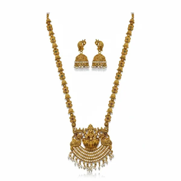 Gold_Brass_Lakshmi_Temple_Haram_Long_Necklace_Set_For_Women