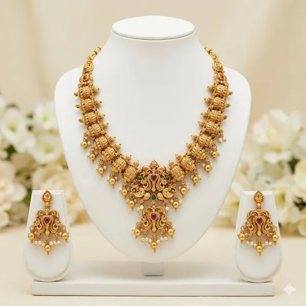 Gold_Brass_Antique_Temple_Pearl_Drop_Necklace_Set_For_Women