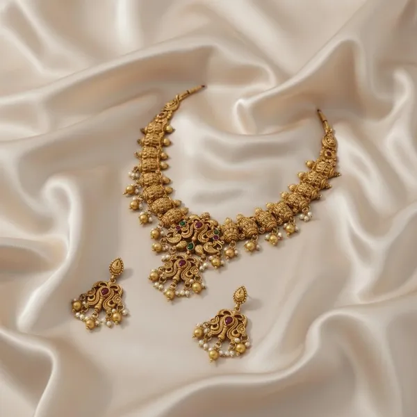 Gold_Brass_Antique_Temple_Pearl_Drop_Necklace_Set_For_Women