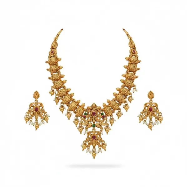 Gold_Brass_Antique_Temple_Pearl_Drop_Necklace_Set_For_Women