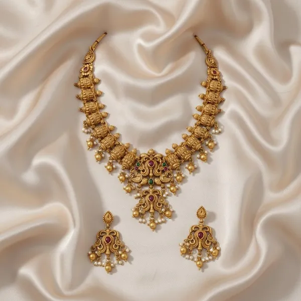 Gold_Brass_Antique_Temple_Pearl_Drop_Necklace_Set_For_Women
