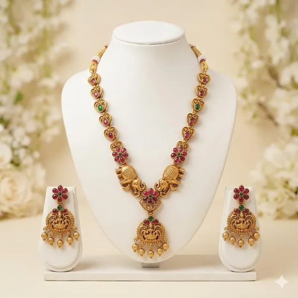 Gold_Brass_Antique_Elephant_Temple_Necklace_Set_For_Women