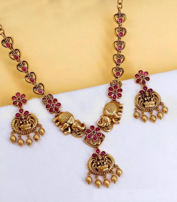 Gold_Brass_Antique_Elephant_Temple_Necklace_Set_For_Women