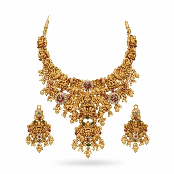 Gold_Brass_Lakshmi_Peacock_Temple_Bridal_Necklace_Set_For_Women