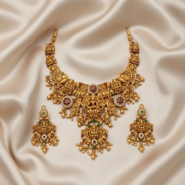 Gold_Brass_Lakshmi_Peacock_Temple_Bridal_Necklace_Set_For_Women