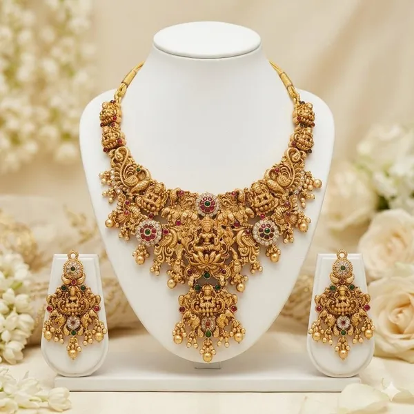 Gold_Brass_Lakshmi_Peacock_Temple_Bridal_Necklace_Set_For_Women