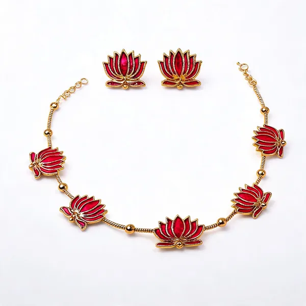 Gold_Enamel_Lotus_Temple_Choker_Necklace_Set_With_Earrings_For_Women_Pack_Of_2