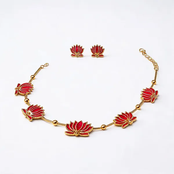 Gold_Enamel_Lotus_Temple_Choker_Necklace_Set_With_Earrings_For_Women_Pack_Of_2