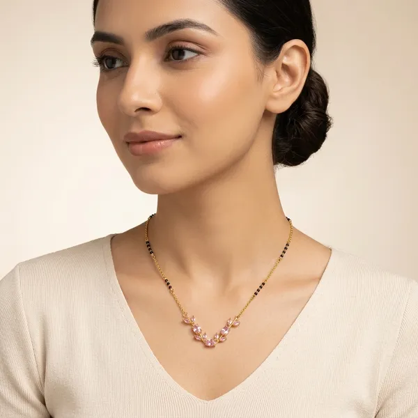 Gold_Steel_Pink_Stone_Leaf_Pendant_Mangalsutra_Necklace_For_Women