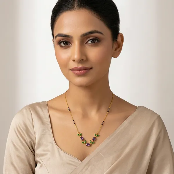 Gold_Steel_Vine_Pendant_Purple_Green_Stone_Mangalsutra_For_Women