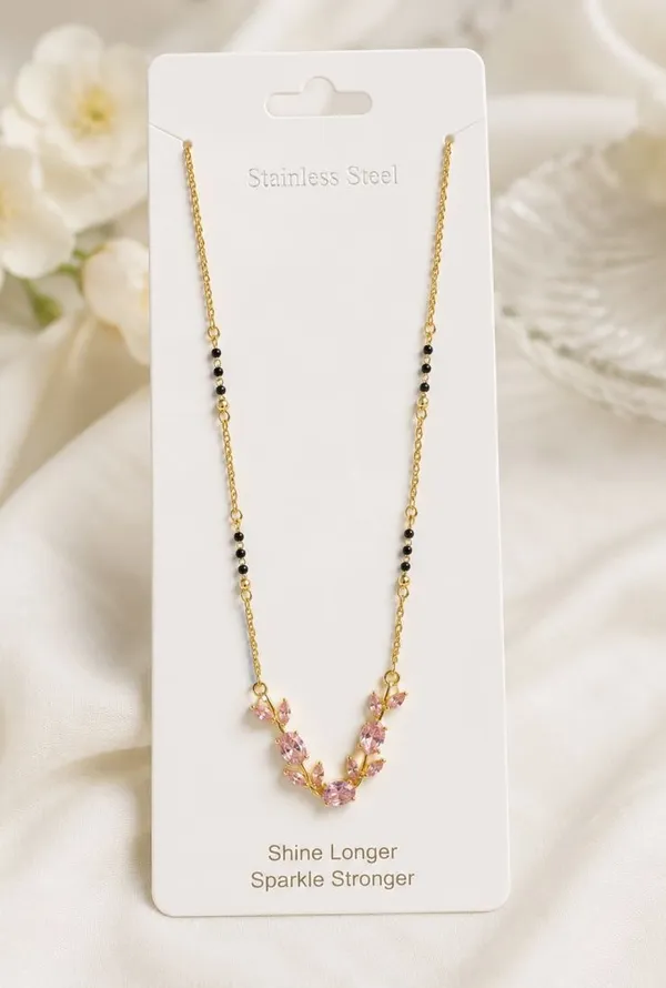 Gold_Steel_Pink_Stone_Leaf_Pendant_Mangalsutra_Necklace_For_Women