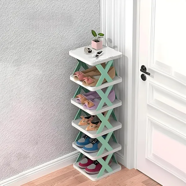 6_Layer_Plastic_Shoe_Rack_Organizer_–_Stackable_&_Adjustable_Shoe_Storage_Shelf_for_Entryway,_Bedroom,_Hallway_&_Kitchen_|_Space-Saving_Foldable_Stand_with_Book_Storage_Slots