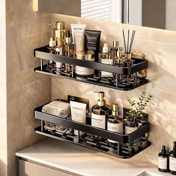 Black_Aluminum_Wall_Mounted_Bathroom_Storage_Shelf_Set