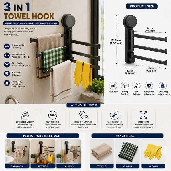Koshva_3-in-1_Rotating_Towel_Holder_|_Self-Adhesive_Wall_Mounted_Towel_Rack_|_180°_Rotatable_Kitchen_&_Bathroom_Towel_Hanger_|_No_Drill,_Strong_Suction,_Rustproof_Organizer_(Black)