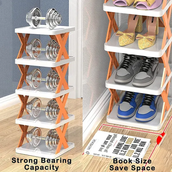 6_Layer_Plastic_Shoe_Rack_Organizer_–_Stackable_&_Adjustable_Shoe_Storage_Shelf_for_Entryway,_Bedroom,_Hallway_&_Kitchen_|_Space-Saving_Foldable_Stand_with_Book_Storage_Slots