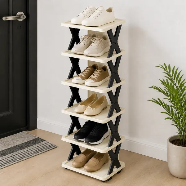 6_Layer_Heavy_Shoe_Rack_Organizer_–_Stackable_&_Adjustable_Shoe_Storage_Shelf_for_Entryway,_Bedroom,_Hallway_&_Kitchen_|_Space-Saving_Foldable_Stand_with_Book_Storage_Slots
