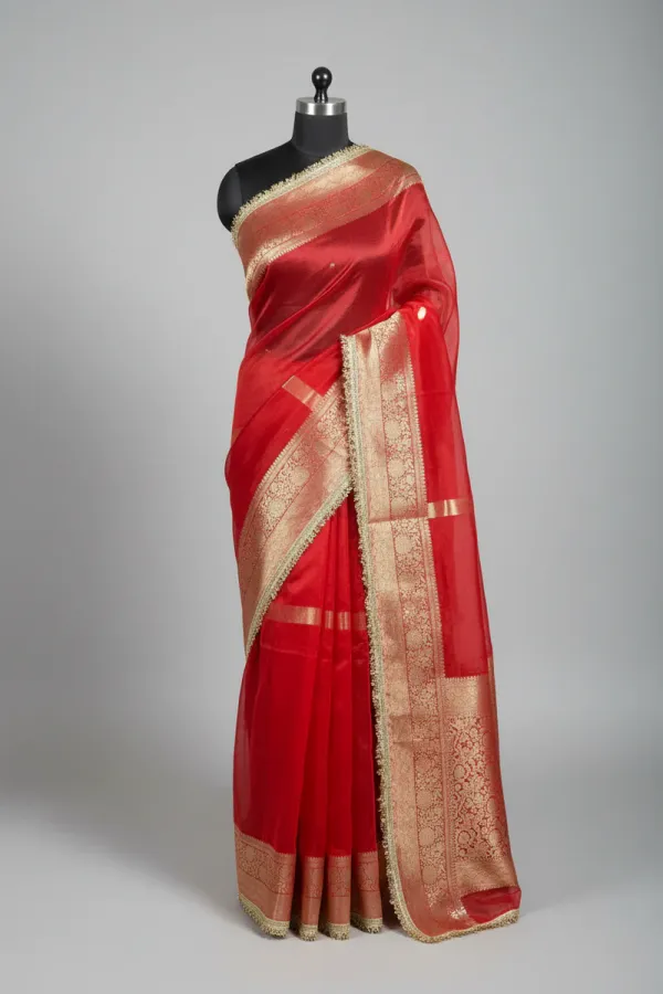 Bridal_Red_Kora_Organza_Silk_Designer_Lace_Work_Banarasi_Saree