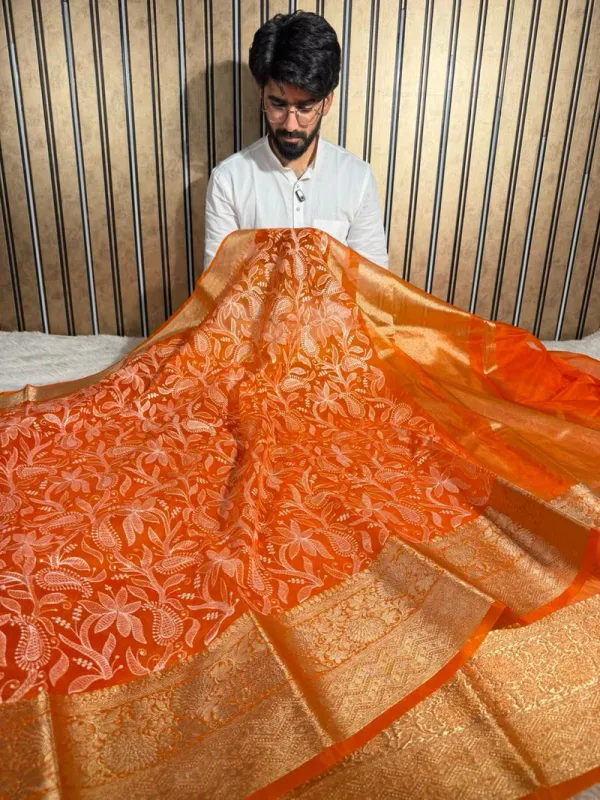 Bright_Orange_Kora_Organza_Chikankari_Embroidered_Banarasi_Saree