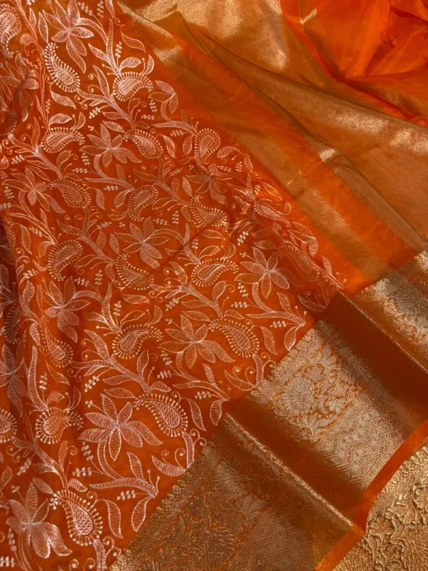 Bright_Orange_Kora_Organza_Chikankari_Embroidered_Banarasi_Saree