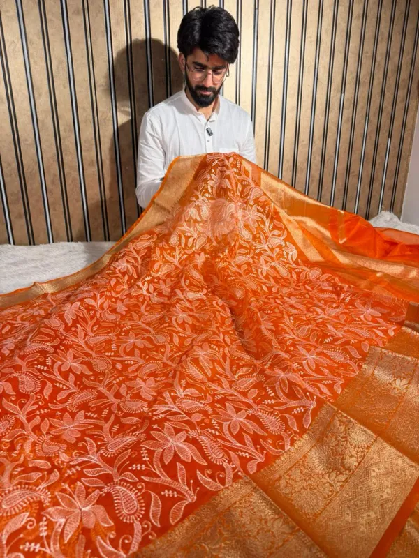 Bright_Orange_Kora_Organza_Chikankari_Embroidered_Banarasi_Saree