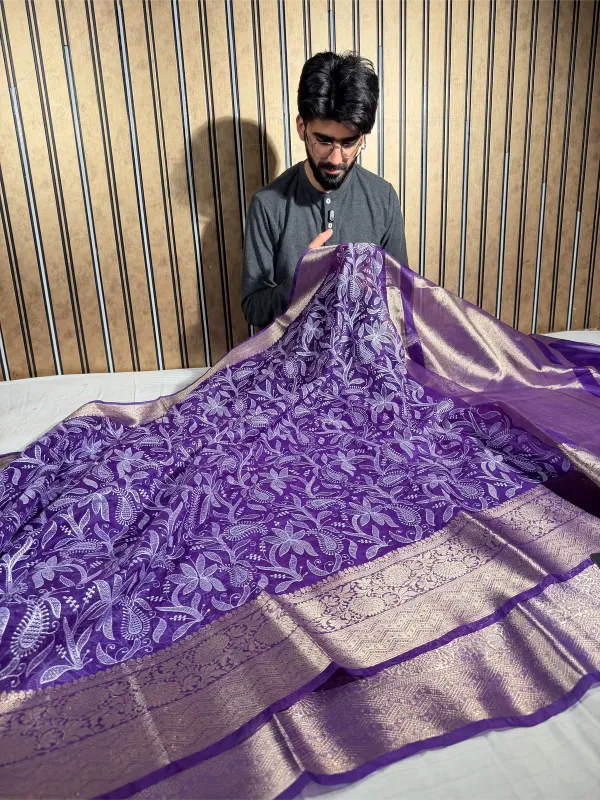 Bright_Purple_Kora_Organza_Chikankari_Embroidered_Banarasi_Saree