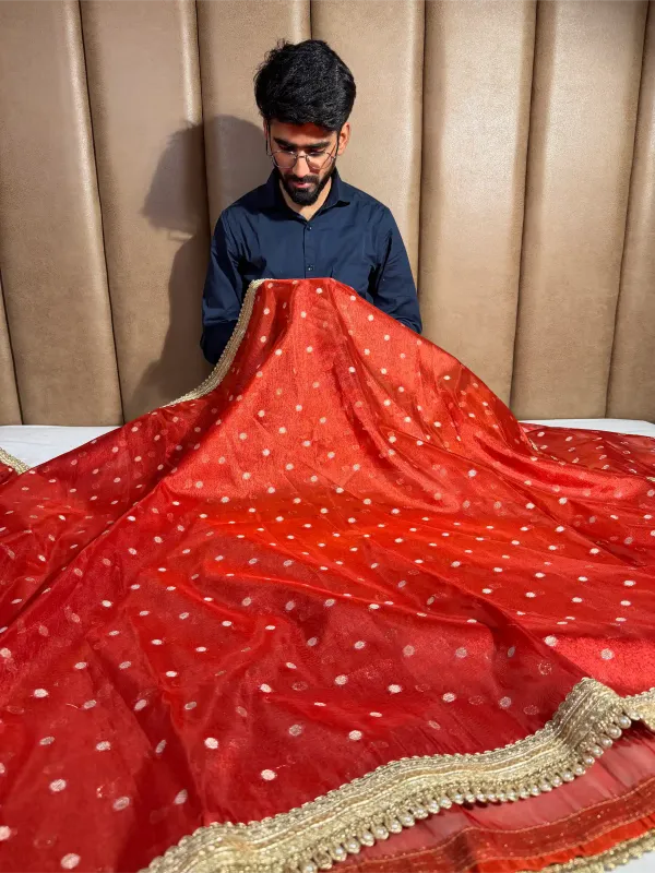 Carmine_Red_Tissue_Silk_Polka_Dots_Weave_Lace_Work_Banarasi_Saree