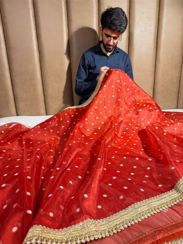 Carmine_Red_Tissue_Silk_Polka_Dots_Weave_Lace_Work_Banarasi_Saree