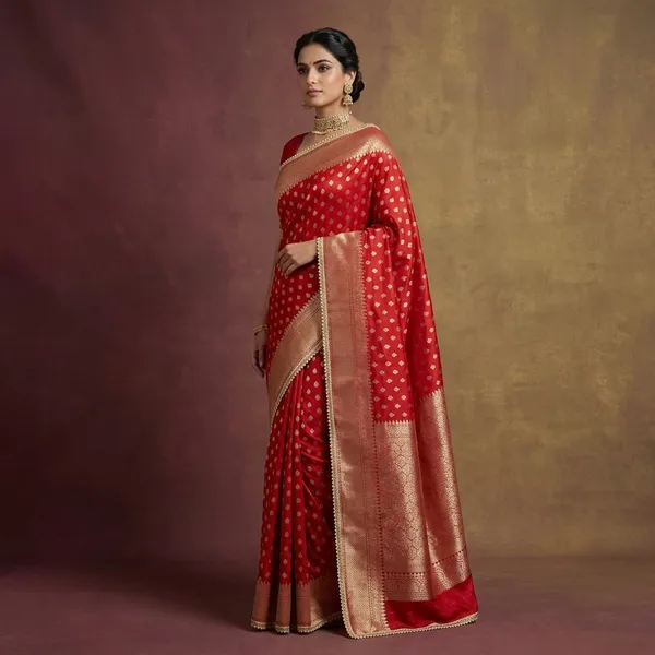 Bridal_Red_Chinia_Silk_Moti_Lace_Work_Banarasi_Saree