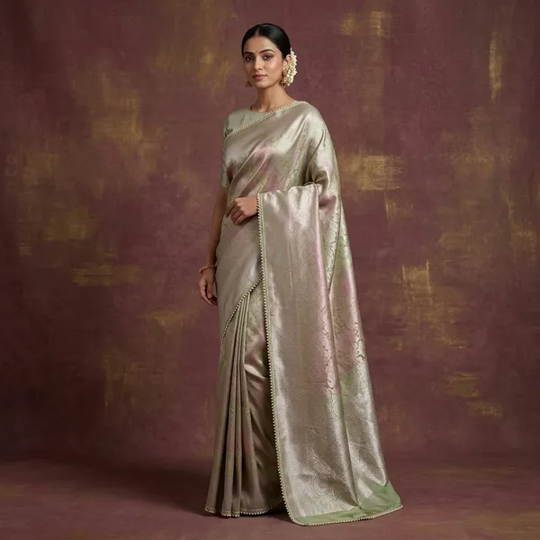 Neon_Green_Dual_Shaded_Glass_Tissue_Silk_Moti_Lace_Designer_Banarasi_Saree