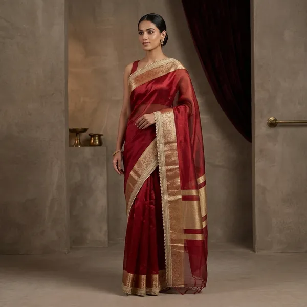 Subtle_Carmine_Red_Tissue_Silk_Moti_Lace_Designer_Banarasi_Saree
