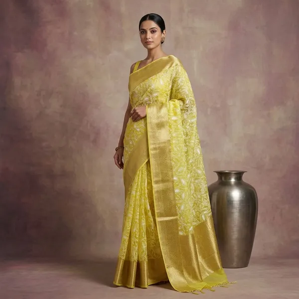 Bright_Yellow_Organza_Silk_Chikankari_Work_Banarasi_Saree