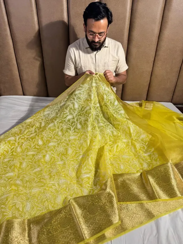Bright_Yellow_Organza_Silk_Chikankari_Work_Banarasi_Saree