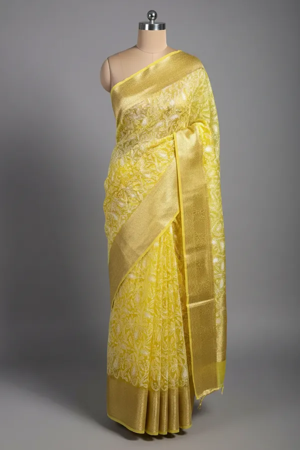 Bright_Yellow_Organza_Silk_Chikankari_Work_Banarasi_Saree