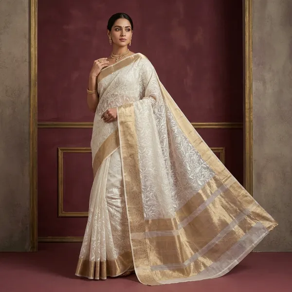 Ivory_Organza_Silk_Chikankari_Work_Banarasi_Saree