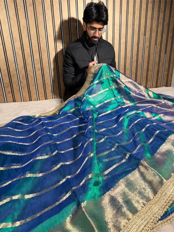 Dhoop_Chaon_Peacock_Tissue_Silk_Moti_Lace_Attached_Banarasi_Saree