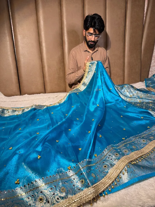 Firozi_Blue_Kora_Tissue_Viral_Ghungroo_Saree