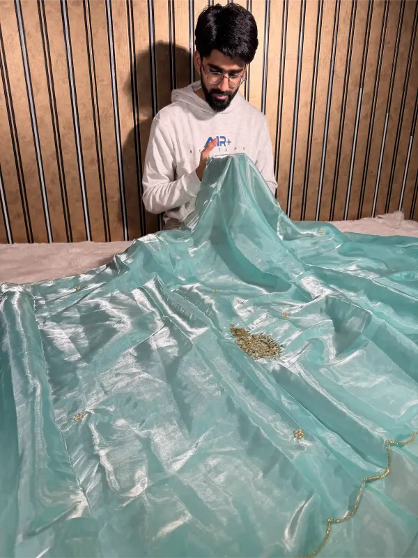 Firozi_Blue_Shimmery_Tissue_Silk_Handwork_Saree