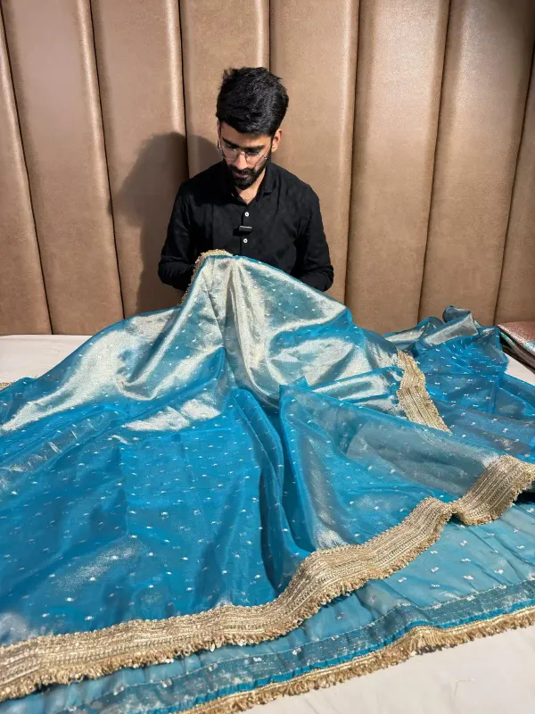 Firozi_Blue_Soft_Tissue_Silk_Lace_Attached_Banarasi_Saree