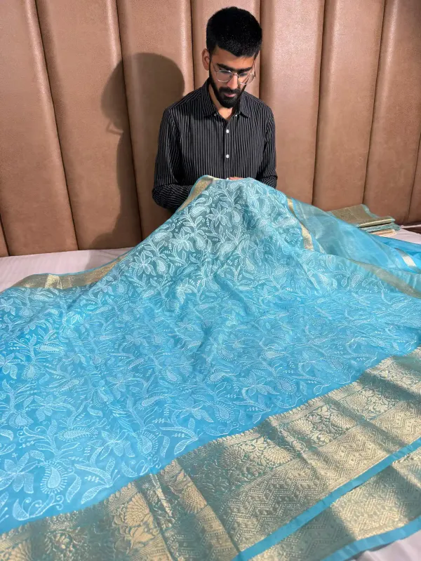 Firozi_Organza_Silk_Banarasi_Chikankari_Saree