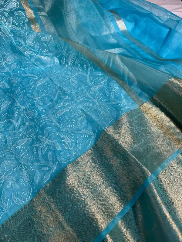 Firozi_Organza_Silk_Banarasi_Chikankari_Saree