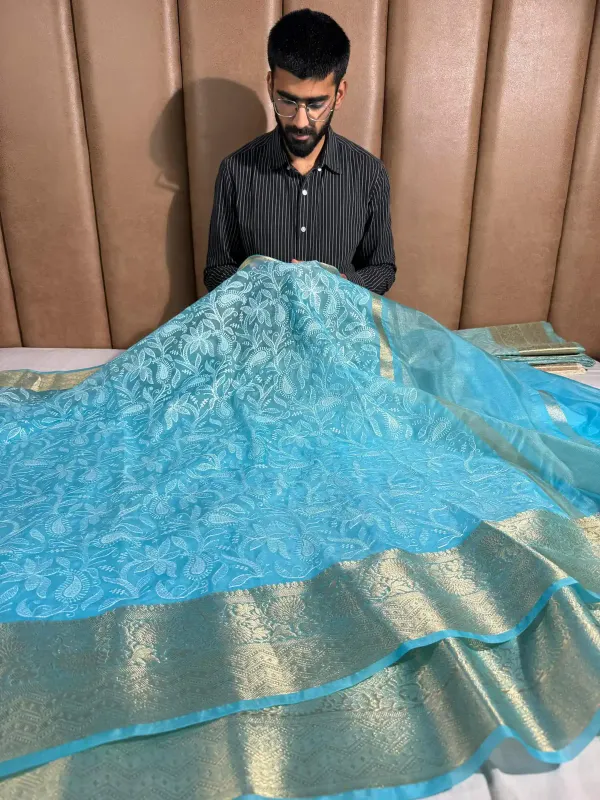 Firozi_Organza_Silk_Banarasi_Chikankari_Saree