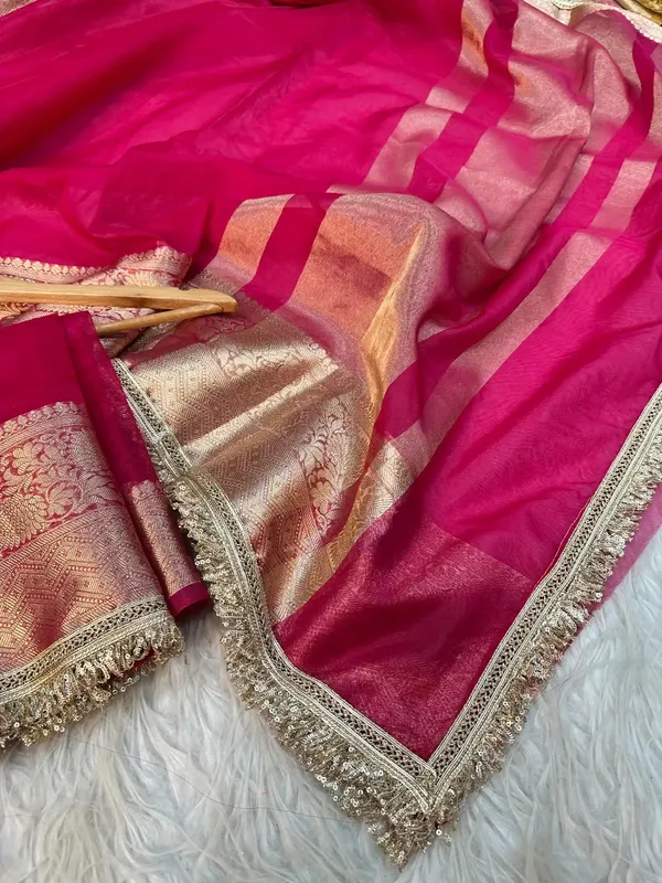 Rani_Pink_Kora_Organza_Silk_Lace_Work_Banarasi_Saree