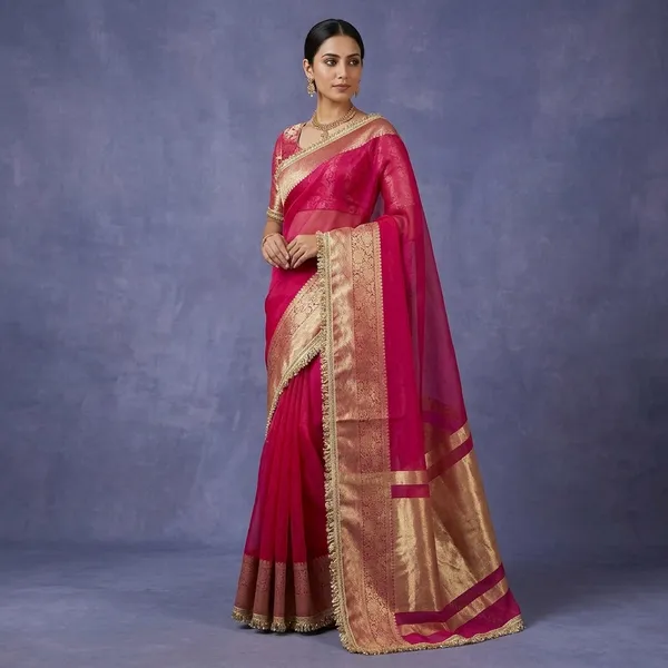 Rani_Pink_Kora_Organza_Silk_Lace_Work_Banarasi_Saree