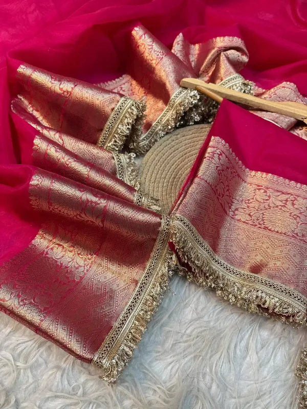 Rani_Pink_Kora_Organza_Silk_Lace_Work_Banarasi_Saree