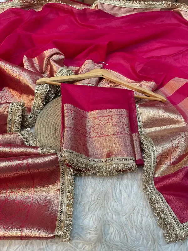 Rani_Pink_Kora_Organza_Silk_Lace_Work_Banarasi_Saree