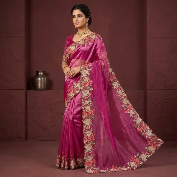 Rani_Pink_Glass_Tissue_Silk_Crochet_Cutwork_Embroidery_Banarasi_Saree