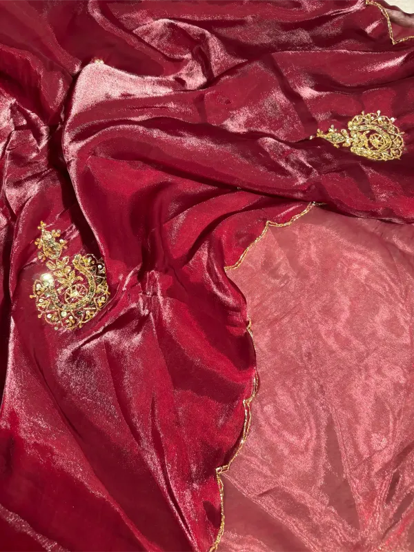 Maroon_Shimmery_Tissue_Silk_Handwork_Saree